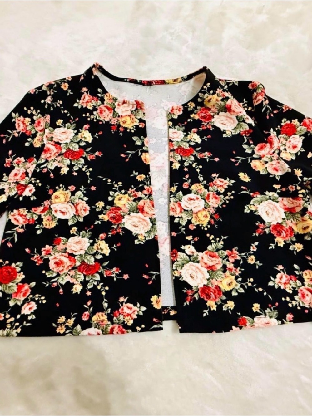 Women’s Floral Open-Front Blazer - Black with Red & Cream Roses